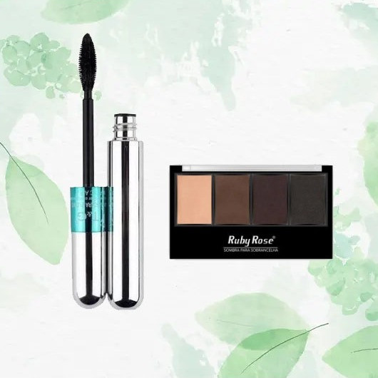 KIT / Máscara para cílios a prova d'água T&G + Trio Sombra Para Sobrancelhas Ruby Rose HB9354