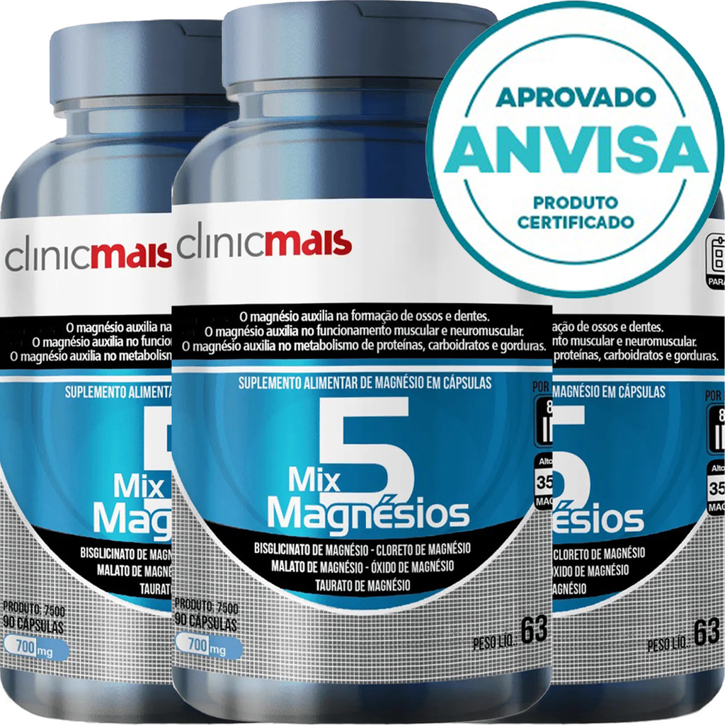 KIT 3x Mix 5 Magnésios - Bisglicinato + Cloreto + Malato + Óxido + Taurato - 90 Cápsulas 700mg - Clinicmais