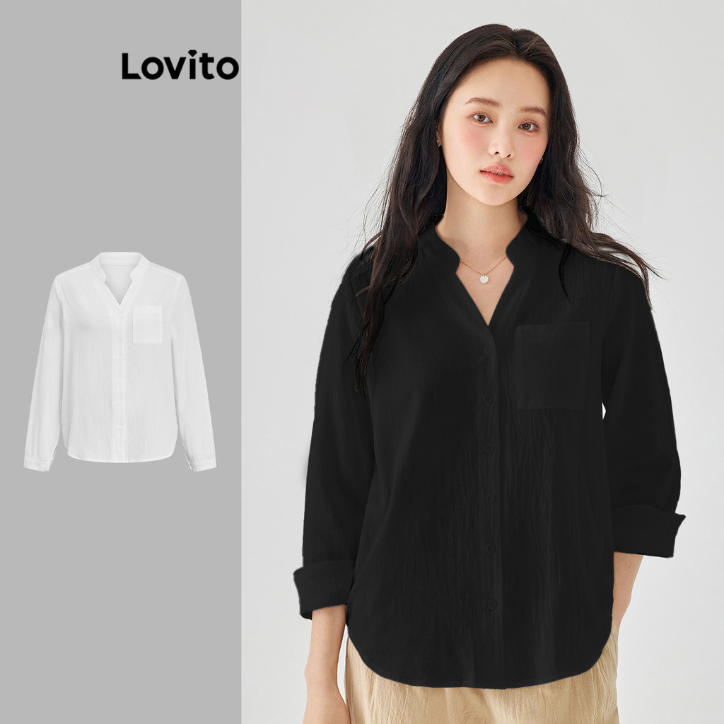 Lovito Blusas de Manga Longa com Bolsos e Botões na Frente para Mulheres LEX01059 (Multico...