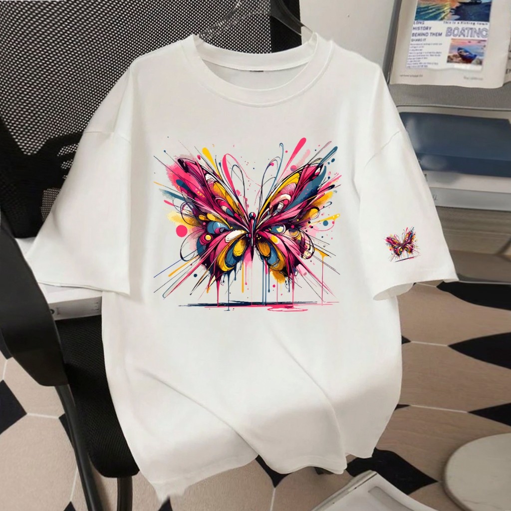 Camiseta Oversized Camisetão de luxo Larga Feminina Fofa Estampa Borboleta Confortável Imperdível