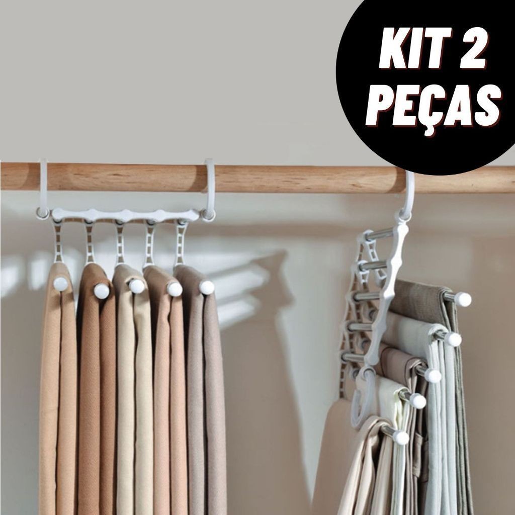 Kit Cabide Multifuncional para Calças e Roupas de Inox com 5 Divisórias Branco