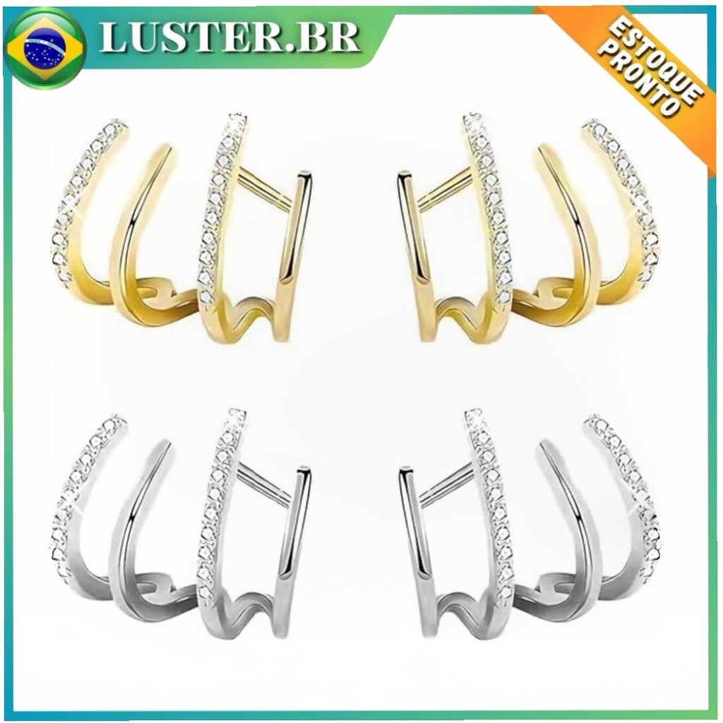 Brinco de Orelha 2 Peças Ouro e Prata com Strass, Brinco Feminino Brilhante para Dia a Dia e Festa, Acessório de Moda em Oferta na Shopee