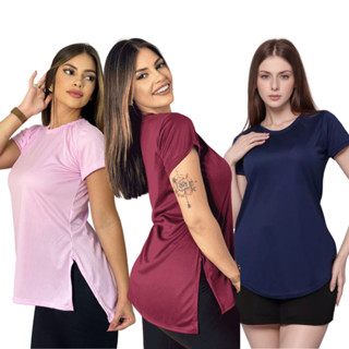 3 Blusas Feminina Academia Camisa Dry Fit Caminhada Musculação Treino tapa bum bum em Oferta na Shopee