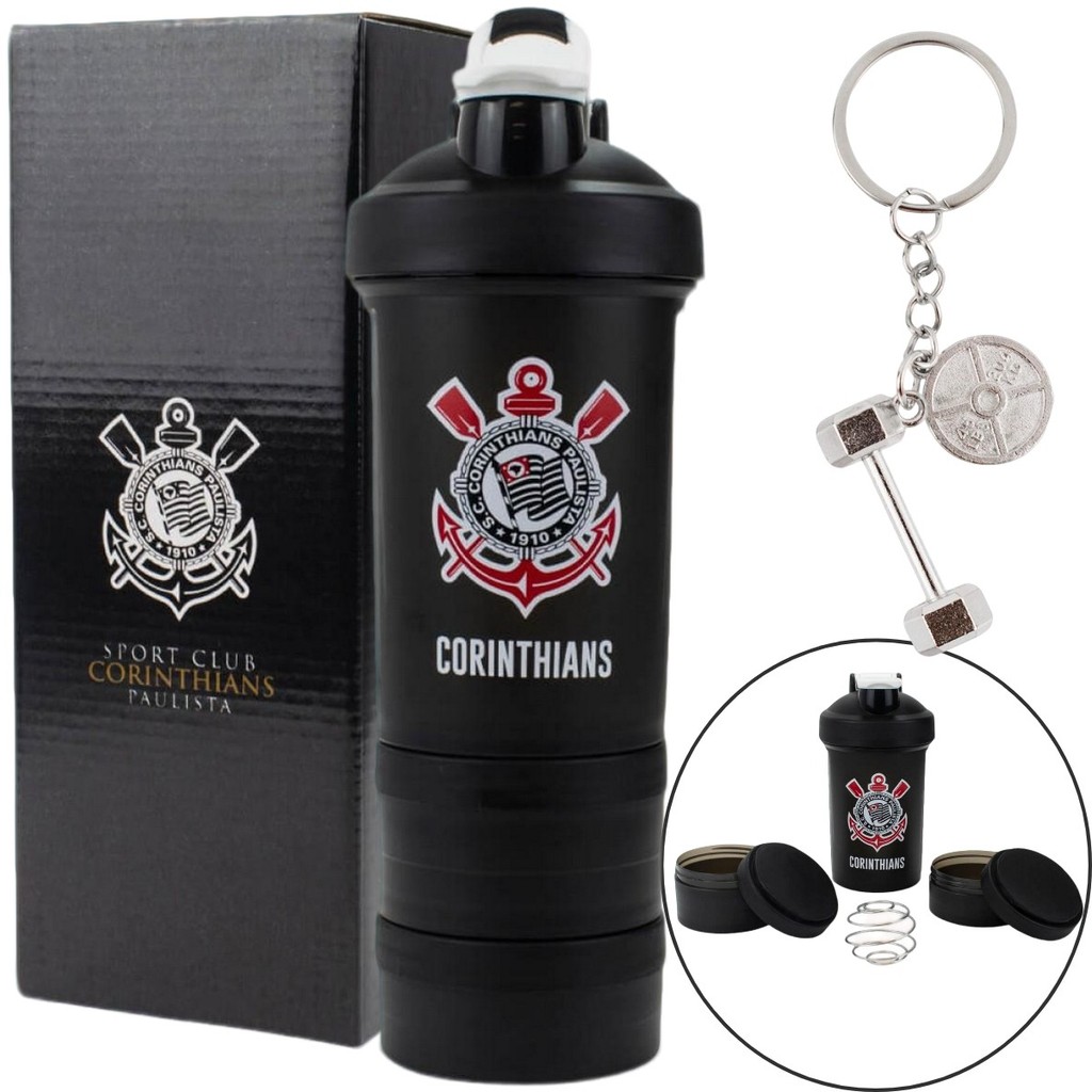 Kit Academia Timão Garrafa Shakeira Mola 2 Compartimentos 500ml Corinthians + Chaveiro Haltere Metal
