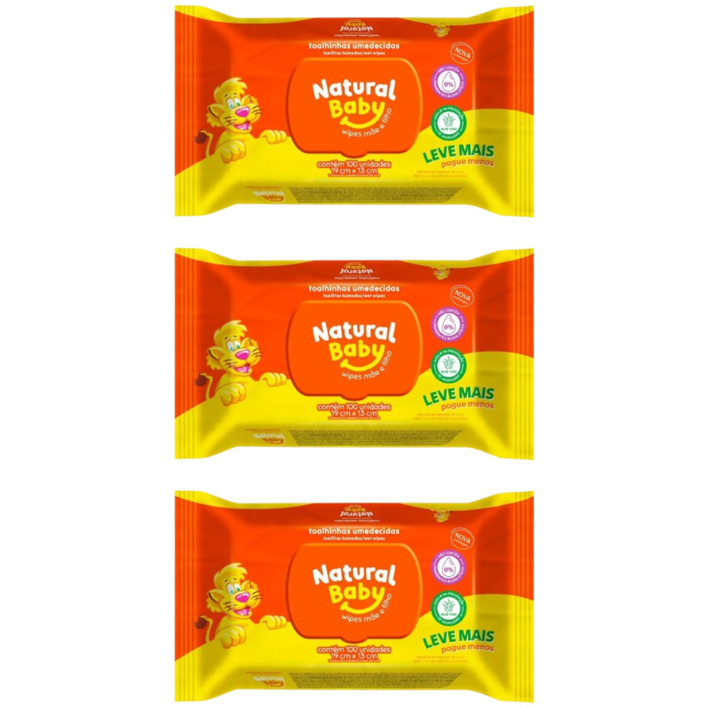 Kit 3 Pacotes Lenço Umedecida Natural Baby Wipes - 100 Unidades Cada