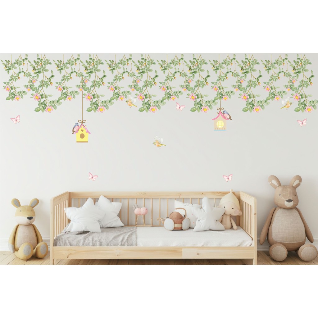Adesivo de Parede Folhagem Flores e Casinha de Passarinho Papel de Parede Auto Colante Adesivos