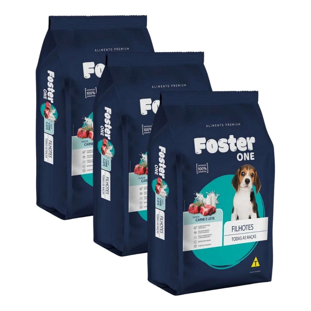 Kit 3 Ração para Cães Foster One Filhotes sabor Carne e Leite 1kg - Pets