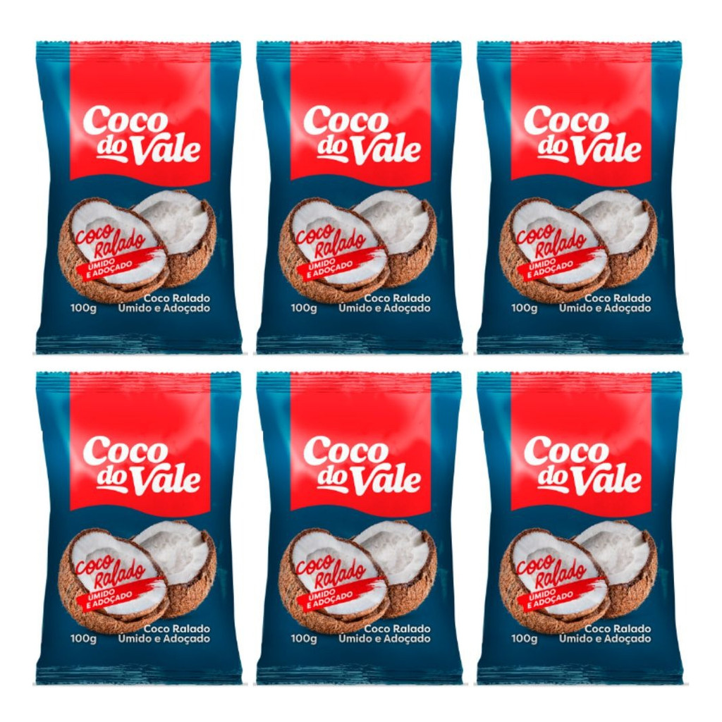 Kit C/6 Coco Ralado Úmido Adoçado 100g Coco Do Vale