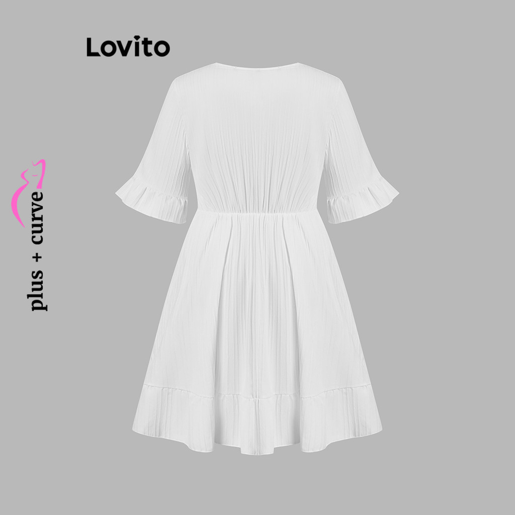 (Trendy) Lovito Vestido Plus Size Curvo Boho Simples com Babado e Gola para Mulheres LBL20583 - Women Clothes