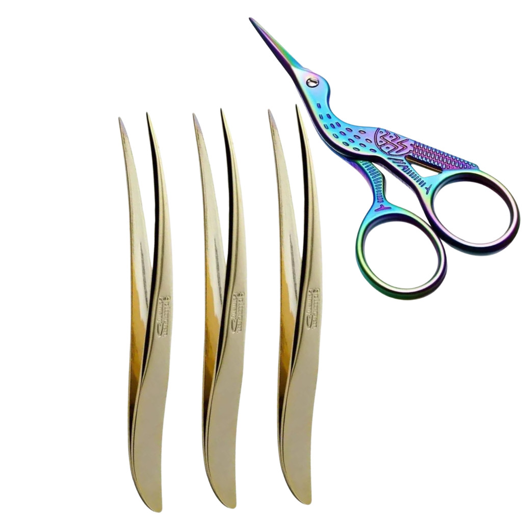 Kit 3 Pinças Ponta Agulha Folha Solingen Designe Sobrancelhas + Tesourinha Garça Color