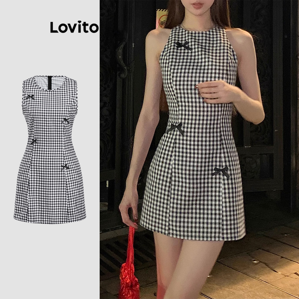 Lovito Vestido Casual Guingão Arco Vestido De Verão/Primavera Para Mulheres L112ED570 - Women Clothes