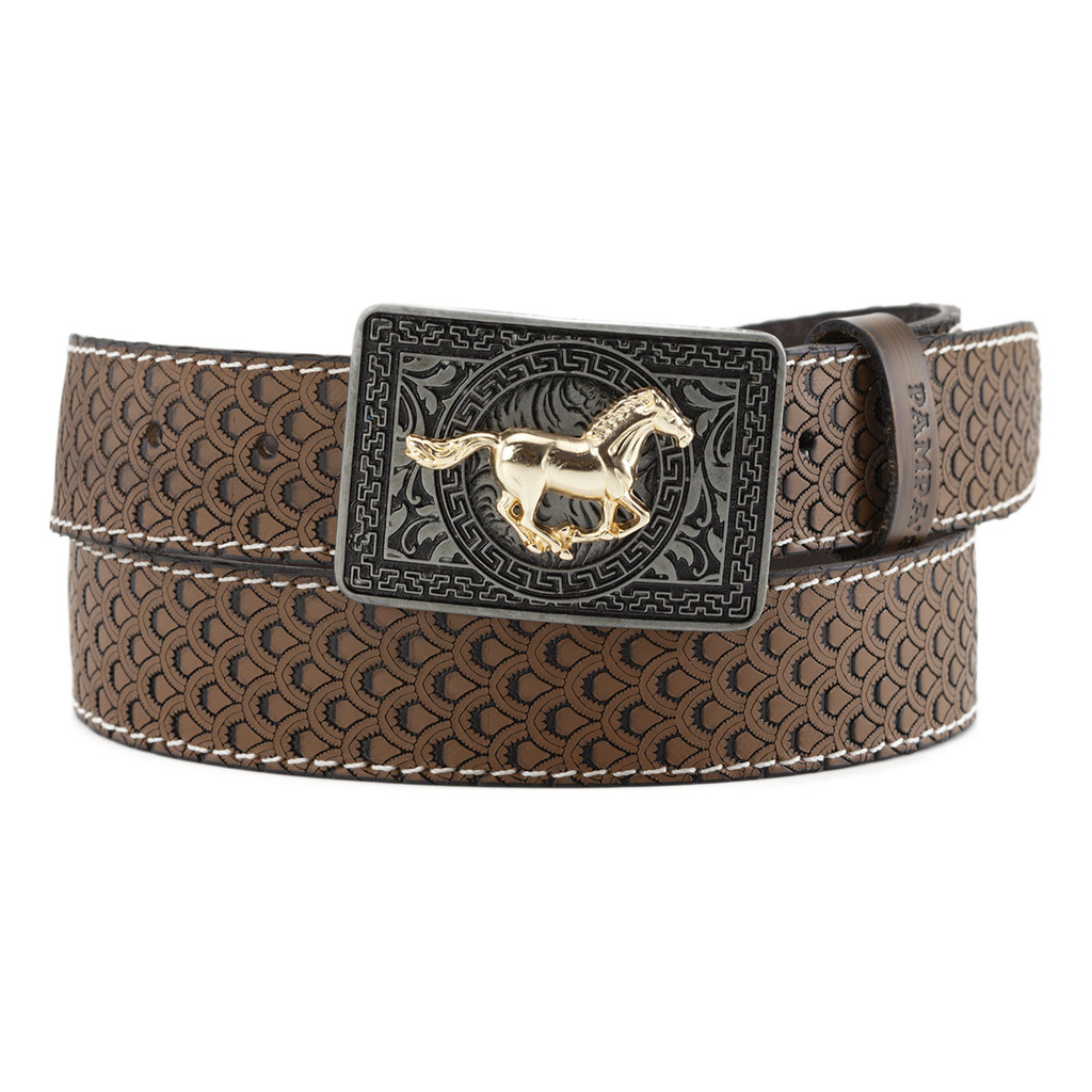 Cinto Country Entalhado Peixe Couro Fivela Quadrada Cavalo