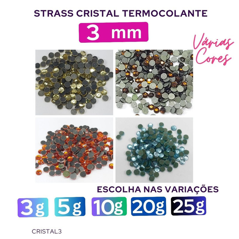 Cristal Termocolante Strass 3mm 3g/5g/10g/20g/25g Pedraria Ponto luz  para unhas Cristal3-MT