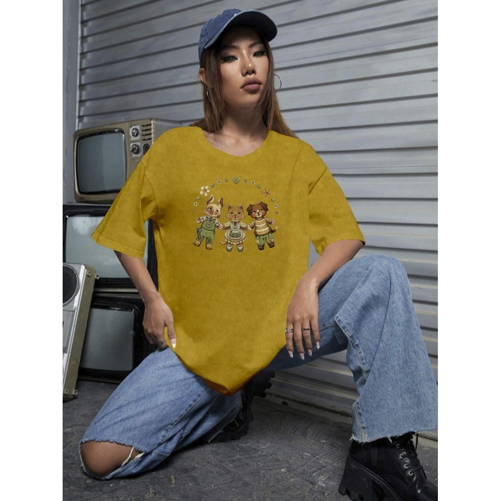 Camiseta Casual Oversized Feminina Camiseta Aesthetic Estampada Amizade Ursinhos Blusa Moderna 