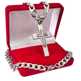 Corrente Masculina 7mm + Pingente Cruz Pai Nosso Aço Inox em Oferta na Shopee