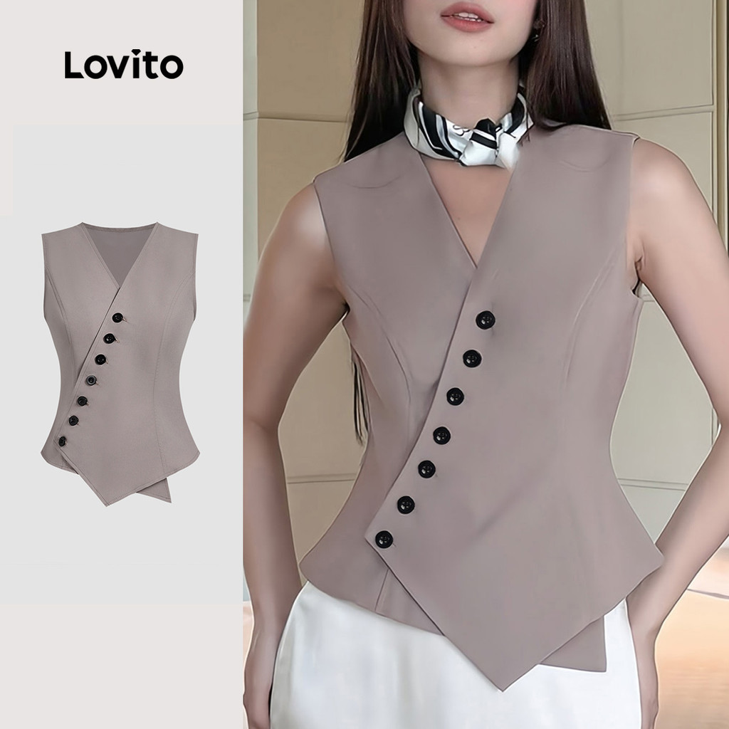 Lovito Top Elegante Assimétrico com Botões Minimalista de Primavera/verão em Marrom Mocha para Mulheres LB135LD400 em Oferta na Shopee