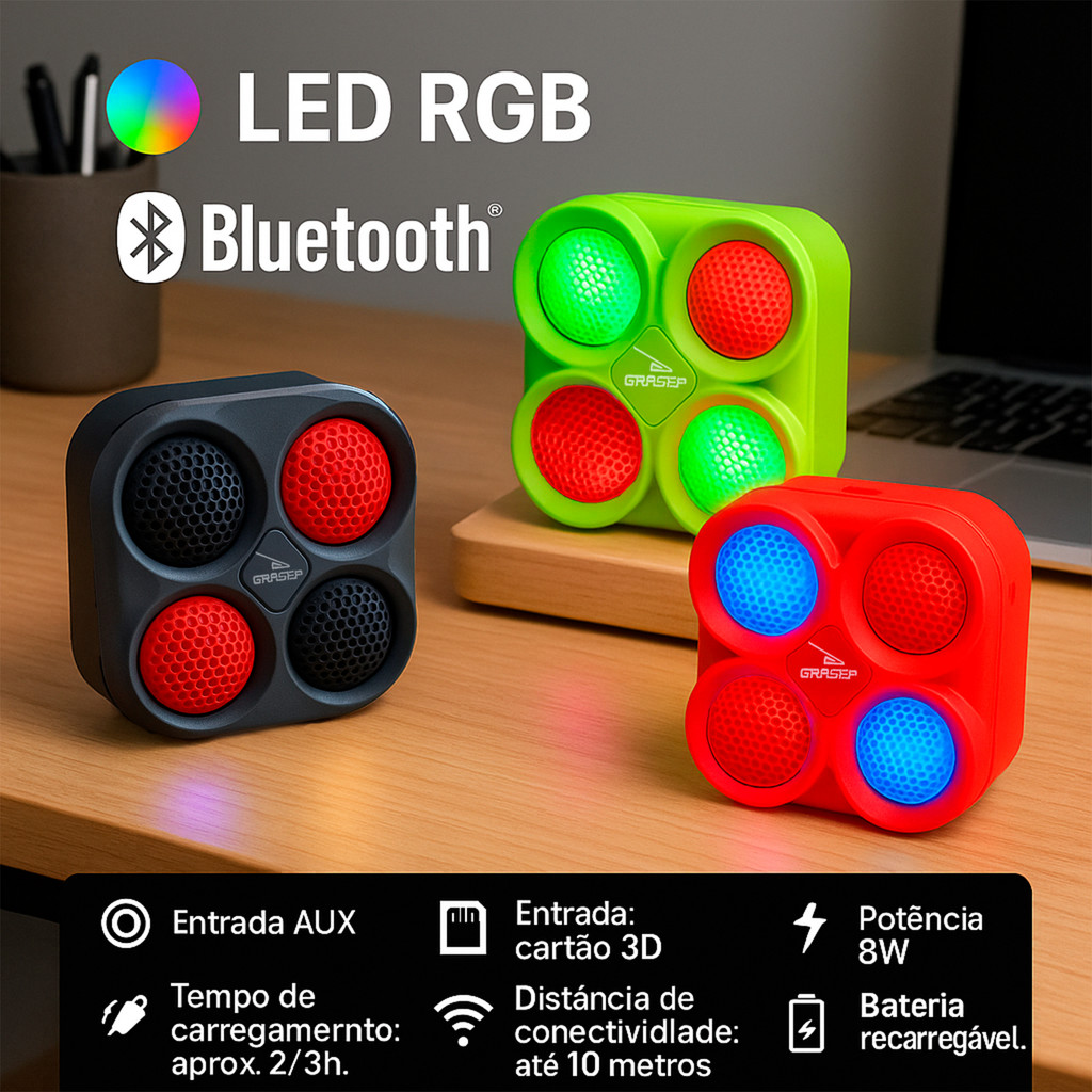 Caixa de Som Portátil Bluetooth com Som Potente 8W LED Colorido Rádio FM USB AUX Cartão SD Alta Qualidade