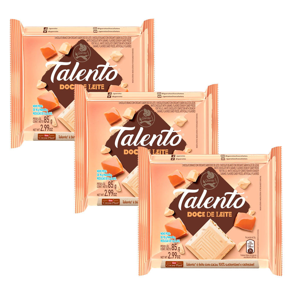 Kit 3 Chocolate Garoto Talento Branco com Doce de Leite 85g - Food & Beverages