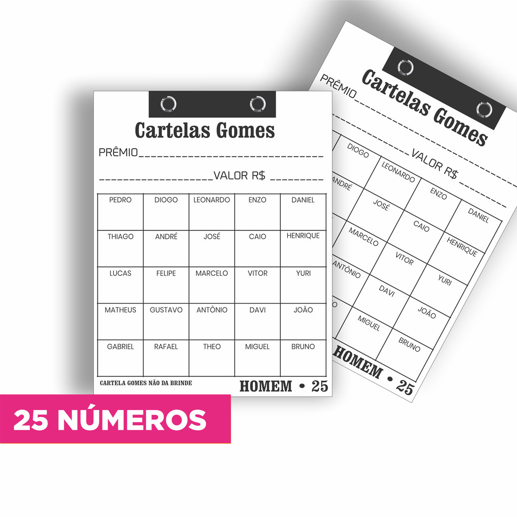 50 Cartelas da sorte c/ 25 NÚMEROS - ANIMAL, NUMERO, HOMEM, MULHER, COMIDA