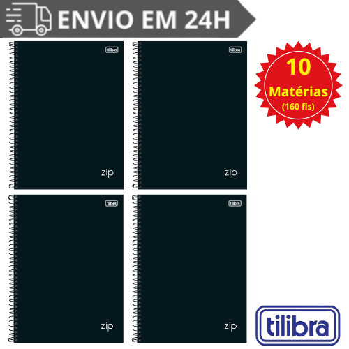 KIT 4 Caderno 10 Matérias Universitário Zip Preto 160 Folhas Tilibra Qualidade Capa Dura Espiral