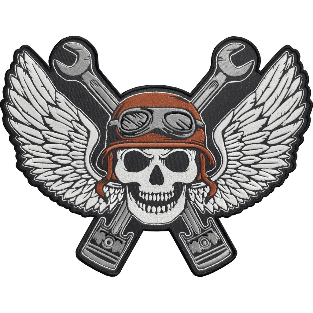 Patch Bordado Caveira Piloto Branco Skull Motociclista 30x23 Cav1