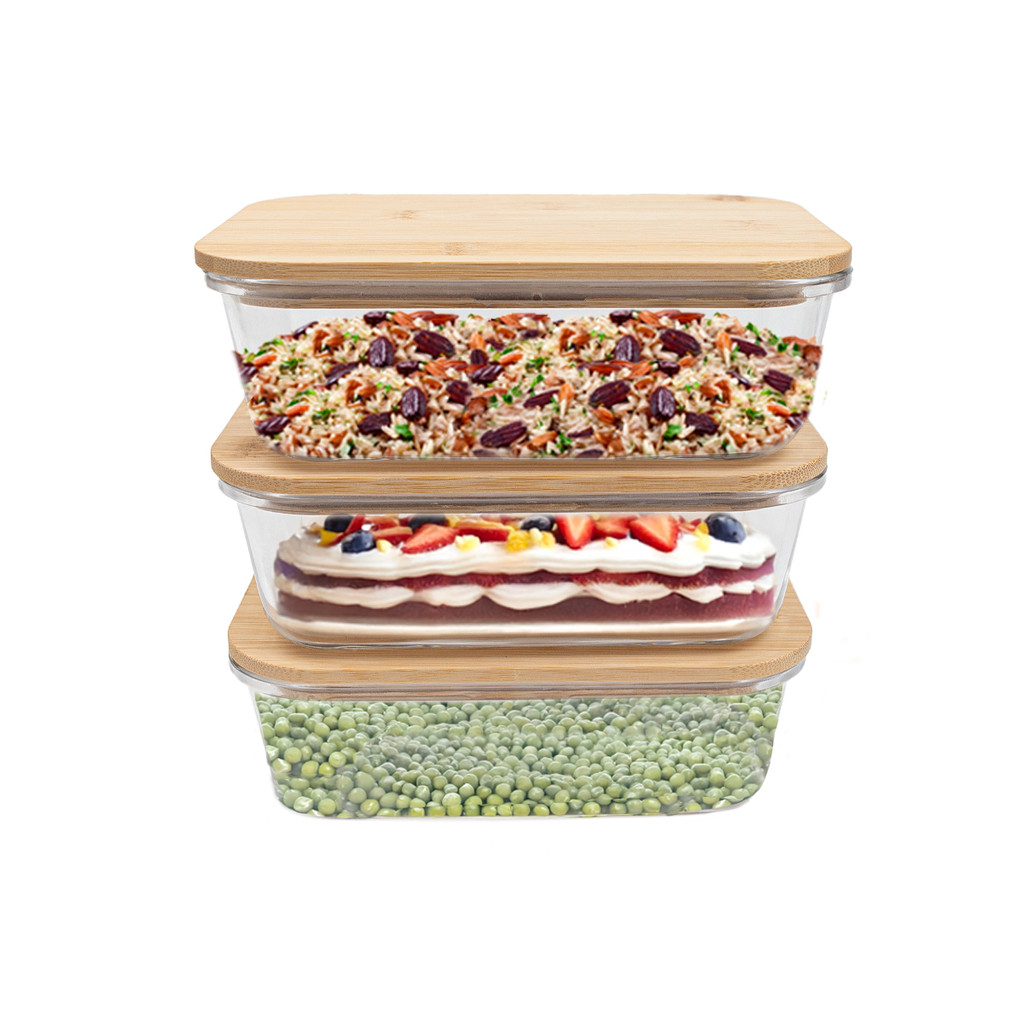 kit 3 potes de vidro 1L com tampa de bambu hermético marmita retangulares - Tud em Oferta na Shopee