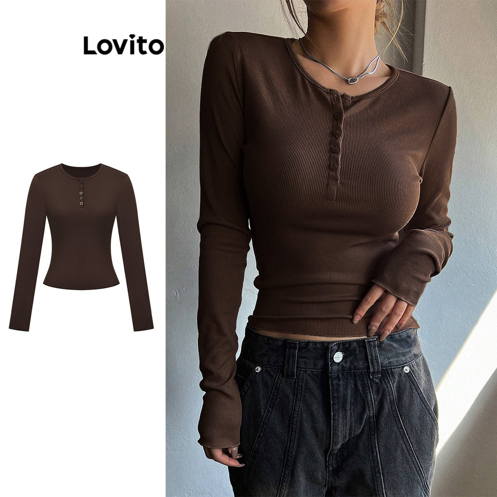 (Trendy) Lovito Camiseta Casual Com Botões Lisos Para Mulheres L106AD183