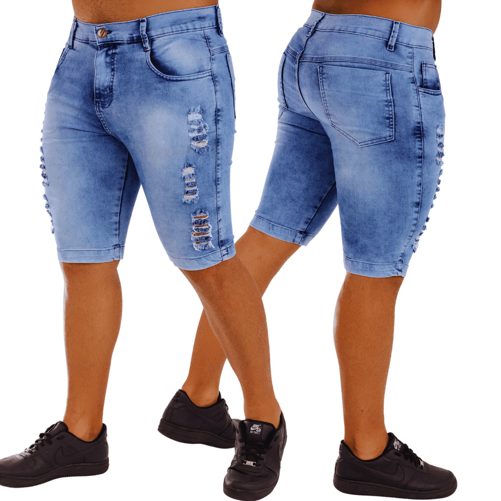 Bermuda Jeans Masculina Estilo Detonado 100% Algodão Moderna Versátil Descolada e Autêntica