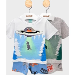 Pijama Menino Camiseta e Bermuda Disco Voador Brilha no Escuro - Kyly