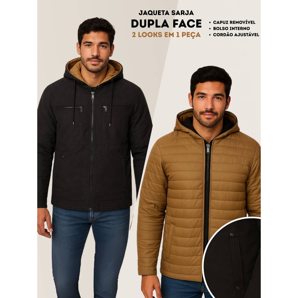 Jaqueta Sarja Masculina Capuz Inverno Quentinha Dupla Face Corta Vento Casual Nylon Impermeável