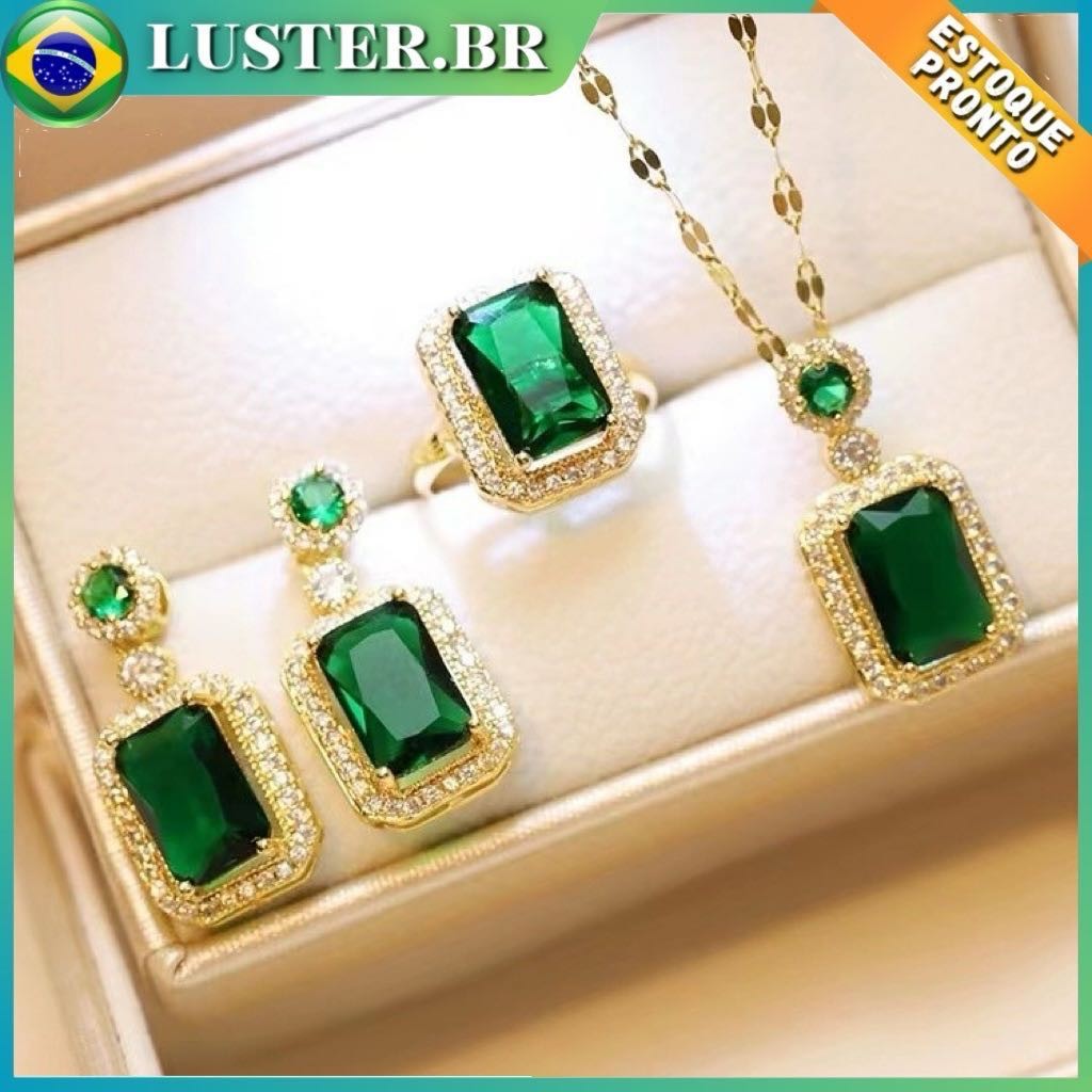 Conjunto de joias femininas luxuosas com strass quadrados verdes, incluindo colar, brincos e anel