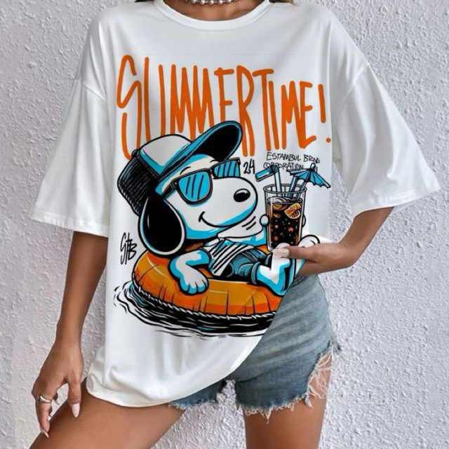 [Camiseta Premium em Algodão Puro]SISI Camiseta Oversized feminina Branca Snoopy Verão Summer 100% algodão alta qualidad