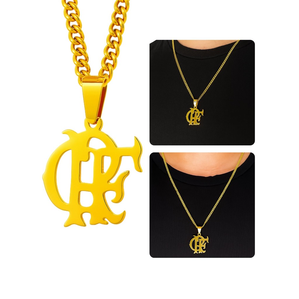 Cordão Corrente 3mm Grumet 60cm Masculino Pingente Time Flamengo CRF Dourado Aço Inox Premium