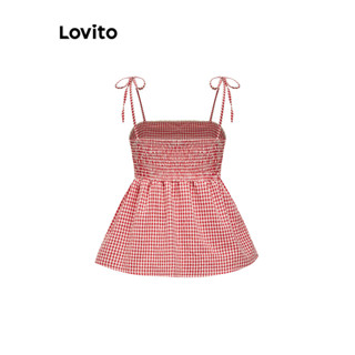 (Trendy) Lovito Casual Xadrez Renda Botão Regata para Mulheres L110AD509 em Oferta na Shopee