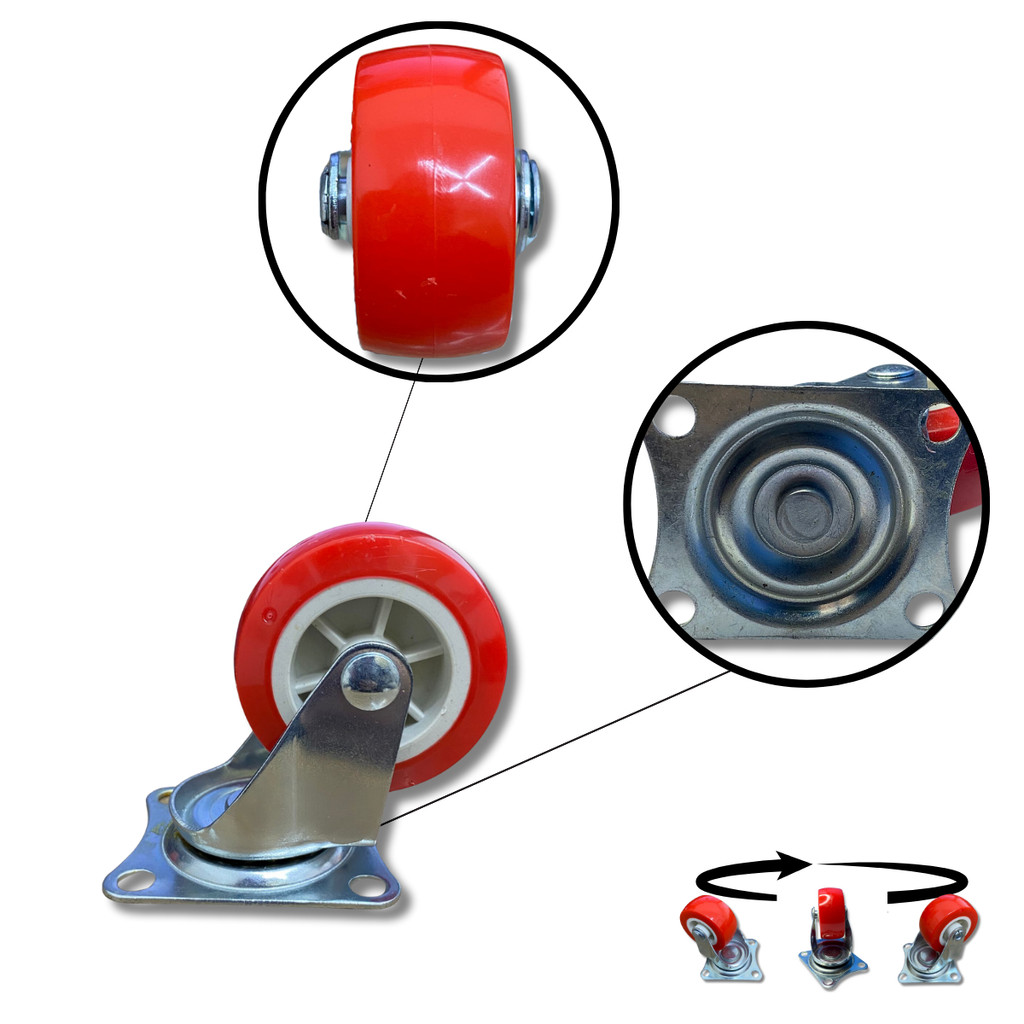 Rodízio Rodinha Giratório Placa Base Aço Fixo Roda PP Vermelho Diâmetro 75mm 3" Altura 90mm