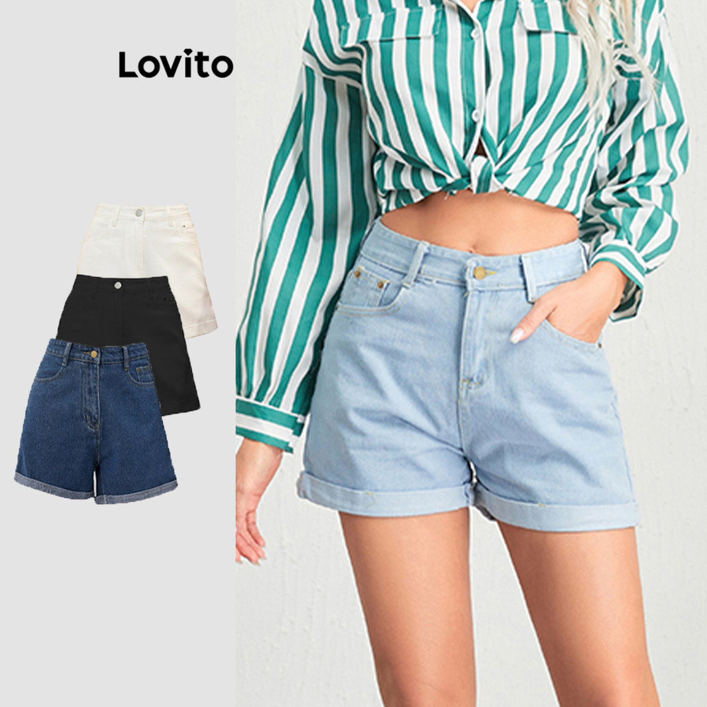 Lovito Shorts Jeans Casuais Com Bolso Enrolado Pambahay Shorts De Primavera E Verão Para M...