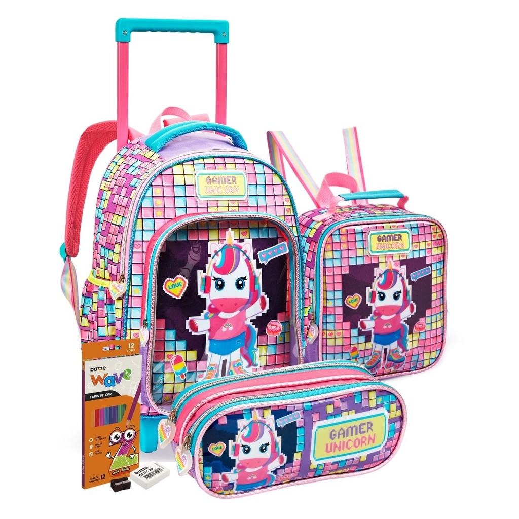 Kit Mochila Escolar Infantil c/ Rodinhas, Lancheira, Estojo e Kit Lapis Cor Unicornio Gamer Feminina
