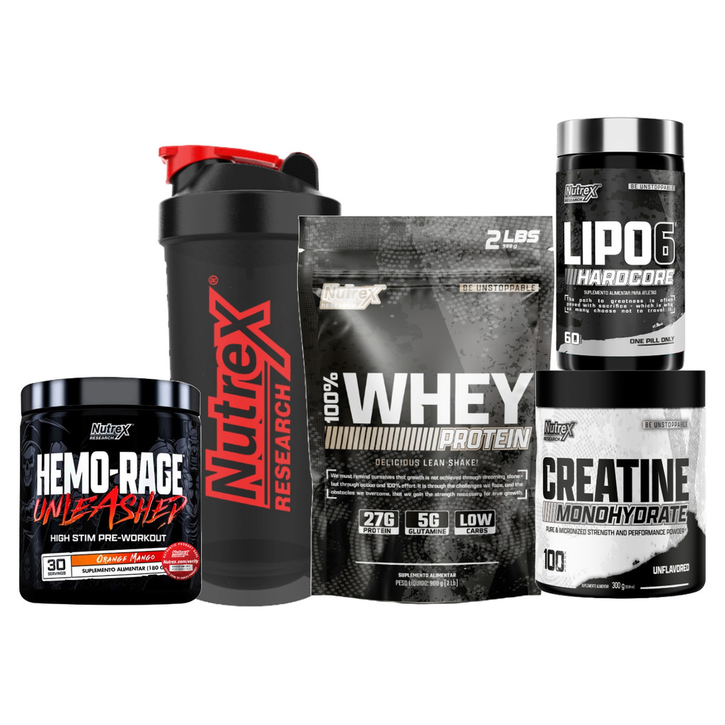 Kit 100% Whey 900g + Hemo-Rage 180g + Creatina 300g + Lipo 6 Hardcore 60caps + Coqueteleira Nutrex Máxima Performance