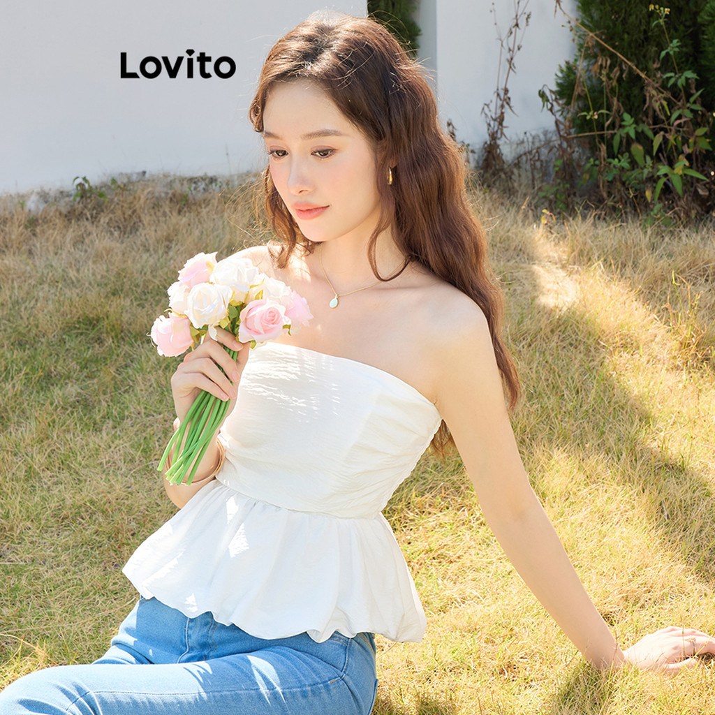 Detalhes do Lovito Regata Casual Com Babados Lisos E Bainha Regata Para Mulheres LNE62288