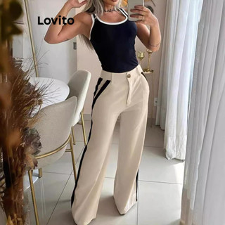 Lovito Conjuntos De Calças Elegantes Conjuntos De Calças De Amarração De Contraste Liso Para Mulheres LNL67157 em Oferta na Shopee