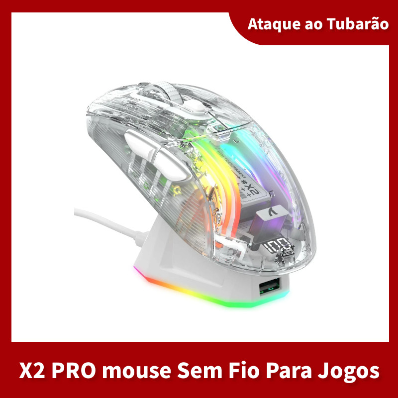 Mouse Para Jogos Trimodo ATTACK SHARK X2 Pro Com Base De Carregamento RGB , Concha Transparente , PixArt 3212 , Até 4000
