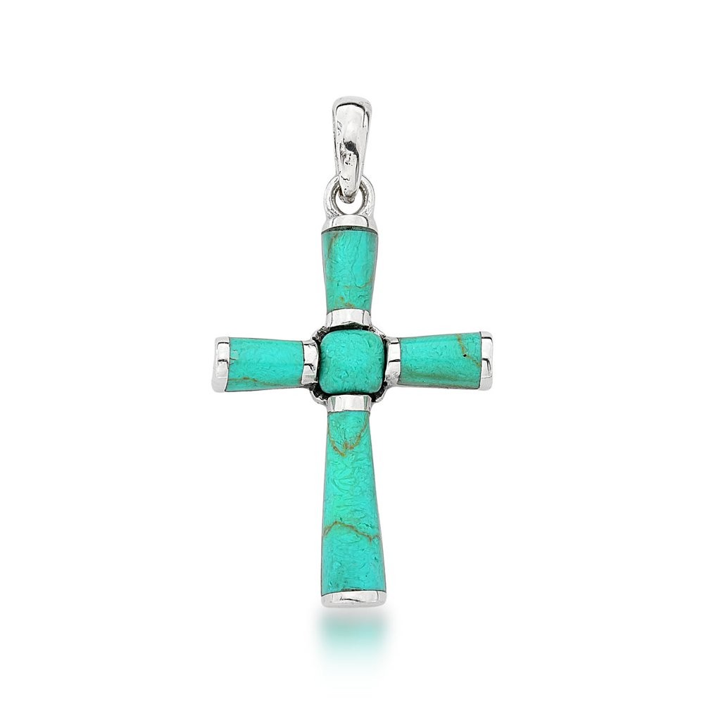 Pingente Crucifixo Turquesa 4cm Prata 925  Turquesa