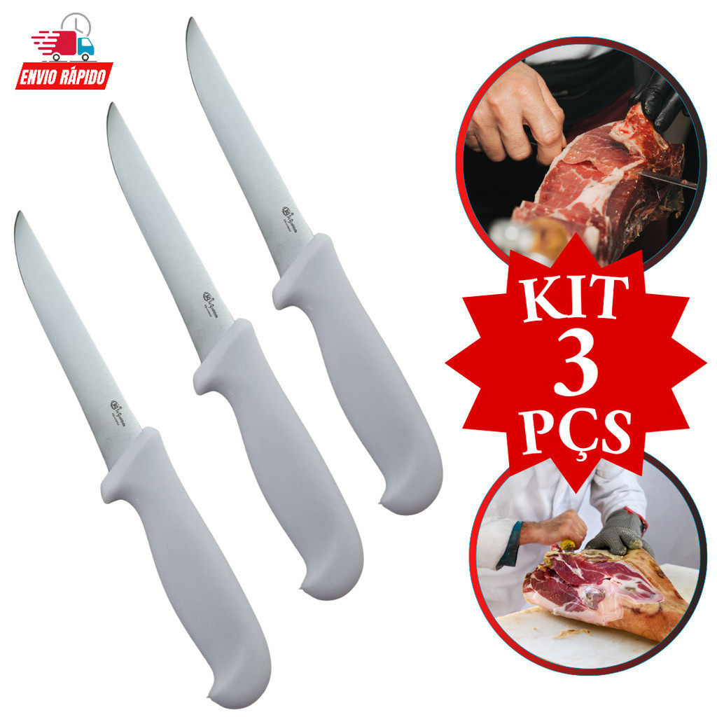 Conjunto 3 Peças Faca Desossa Carne Frango Peixe Churrasco Açougueiro Cozinha Linha Premium Profissional Promoção