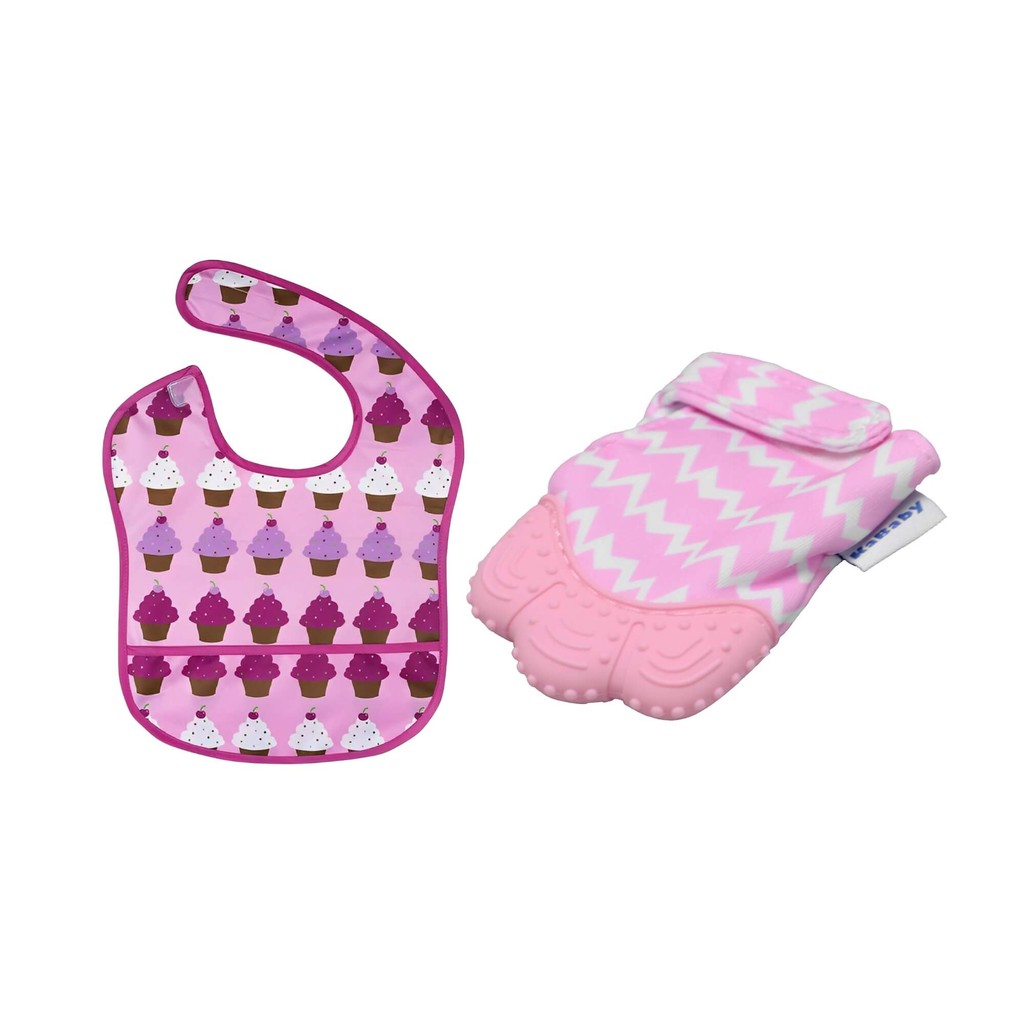Kit Babador Impermeável Rosa Cupcake + Mordedor Luvinha Rosa c/ Silicone Kababy