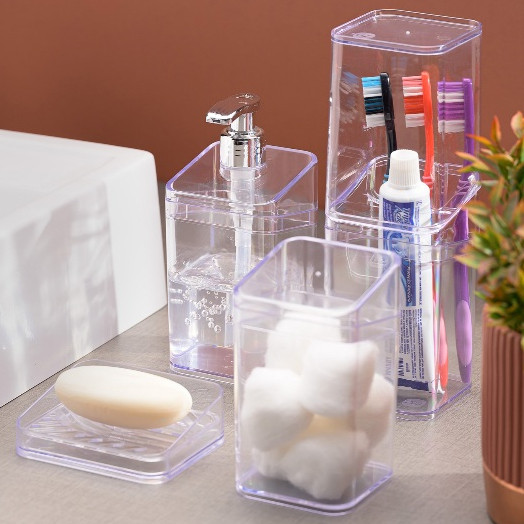 Kit Pia de Banheiro Luxo Lavabo Transparente Acrílico Porta Escova Saboneteira Cotonete Algodão Sabonete em Oferta na Shopee