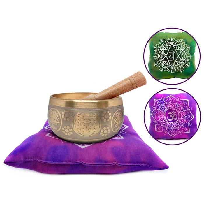 Tigela Tibetana Orin 7 Metais Sagrados 10 cm Cinza Árvore da Vida + Almofada