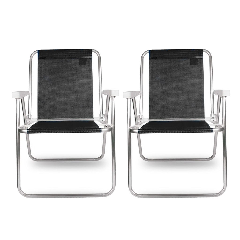2x Cadeira Alta Para Praia Camping Verão Bel Preto 71cm Alumínio Resistente Confortável E Dobrável
