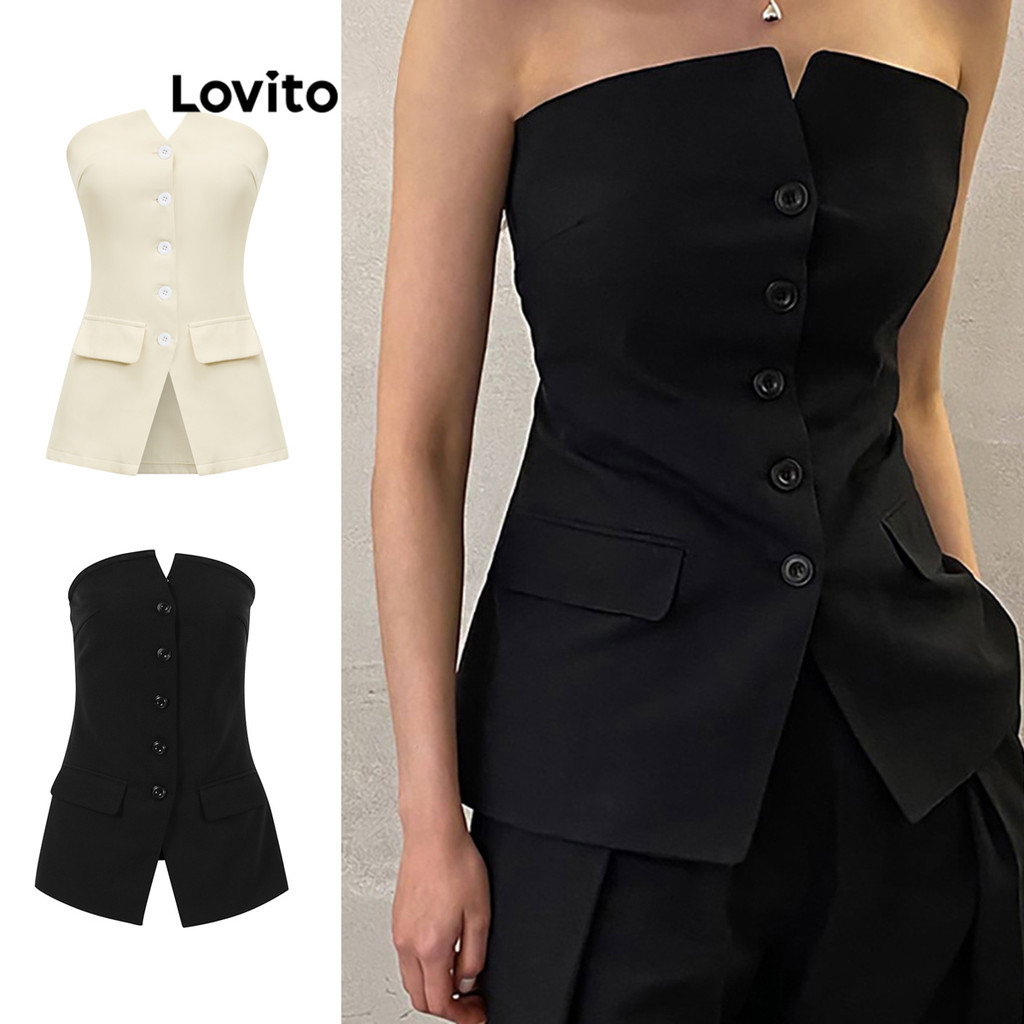 (Trendy) Lovito Casual Blusa Feminina Lisa com Botão LNL39074 (Preto) - Women Clothes