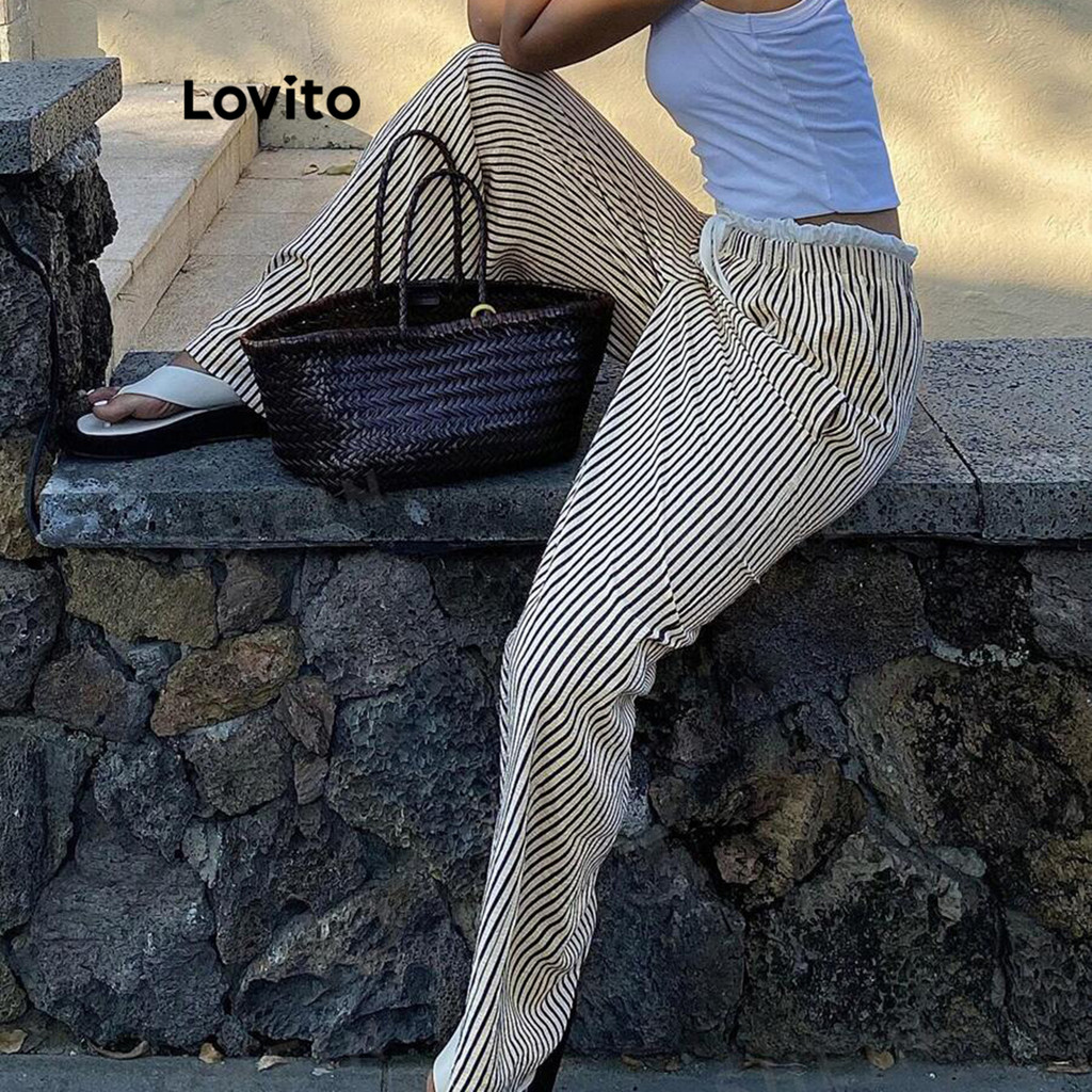 (Trendy) Lovito Calça Casual Listrada Com Costura Em Tecido Com Cordão E Gravata Frontal Para Mulheres L117AD087 em Oferta na Shopee