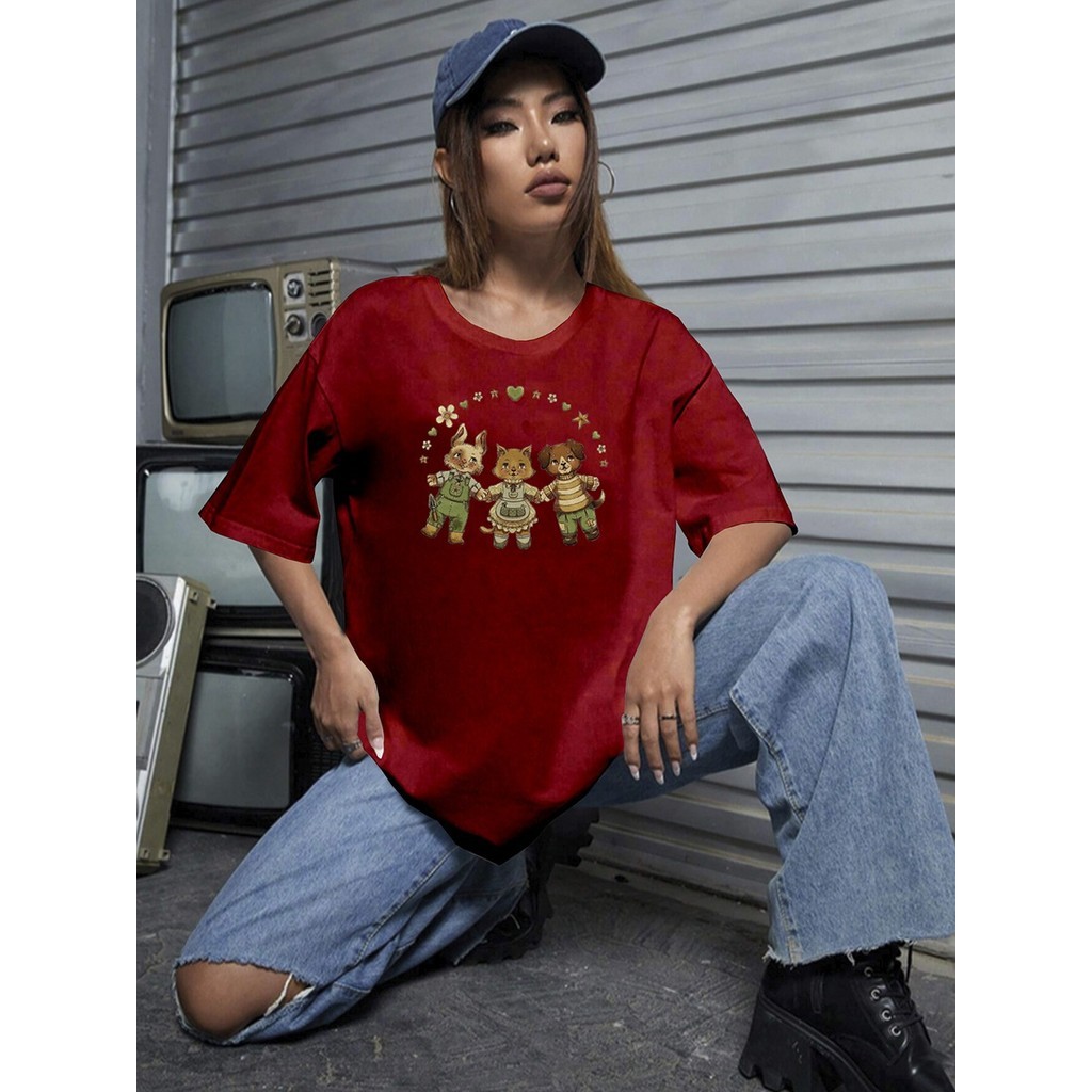 Blusa Estilosa Casual Camiseta Oversized Feminina Camisa Aesthetic Estampada Amizade Ursinhos